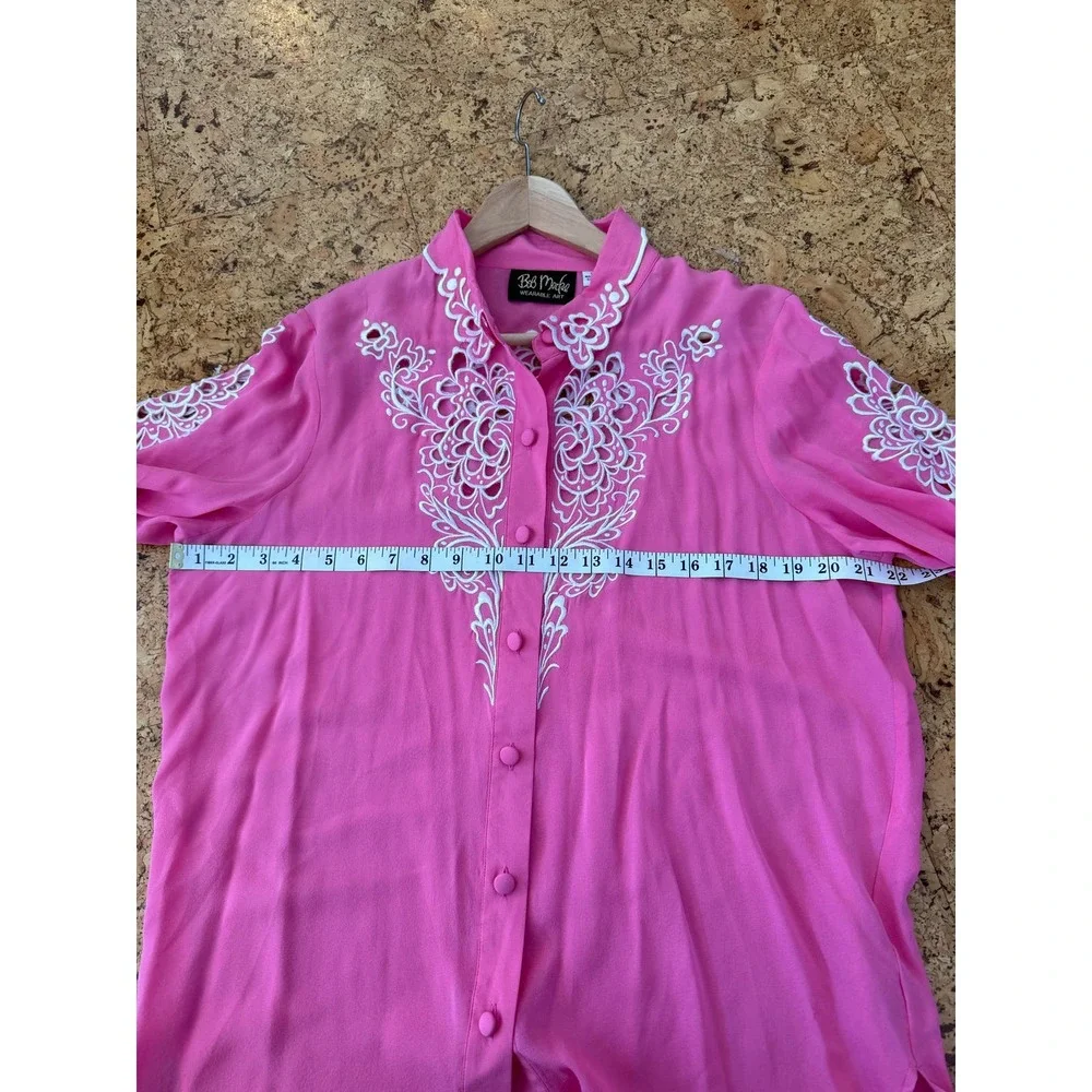 Bob Mackie Wearable Art VINTAGE 90s button down bubblegum 100% silk embroidery L - Picture 10 of 14